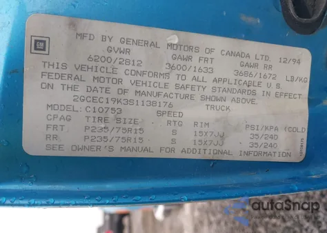 1995 Chevrolet Gmt-400 C1500 z USA, uszkodzony, nr VIN 2GCEC19K3S1138176